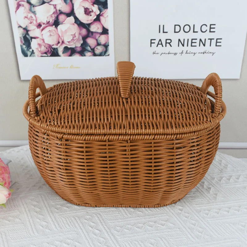 

Imitation Rattan Woven Basket Oval Storage Basket Picnic Basket Home Living Room Fruit