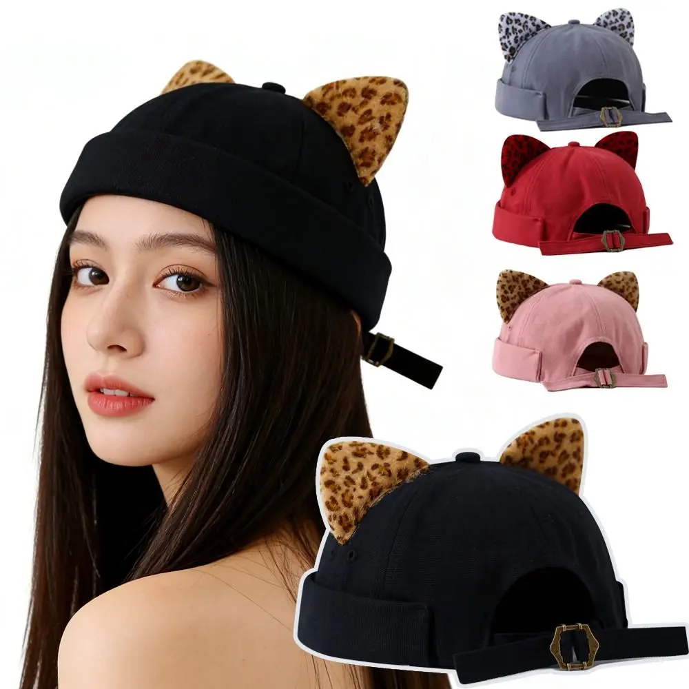 Cute Leopard Print Cat Ears Brimless Hat Rolled Cuff Adjustable Cat-eared Hat Solid Color Docker Cap Unisex