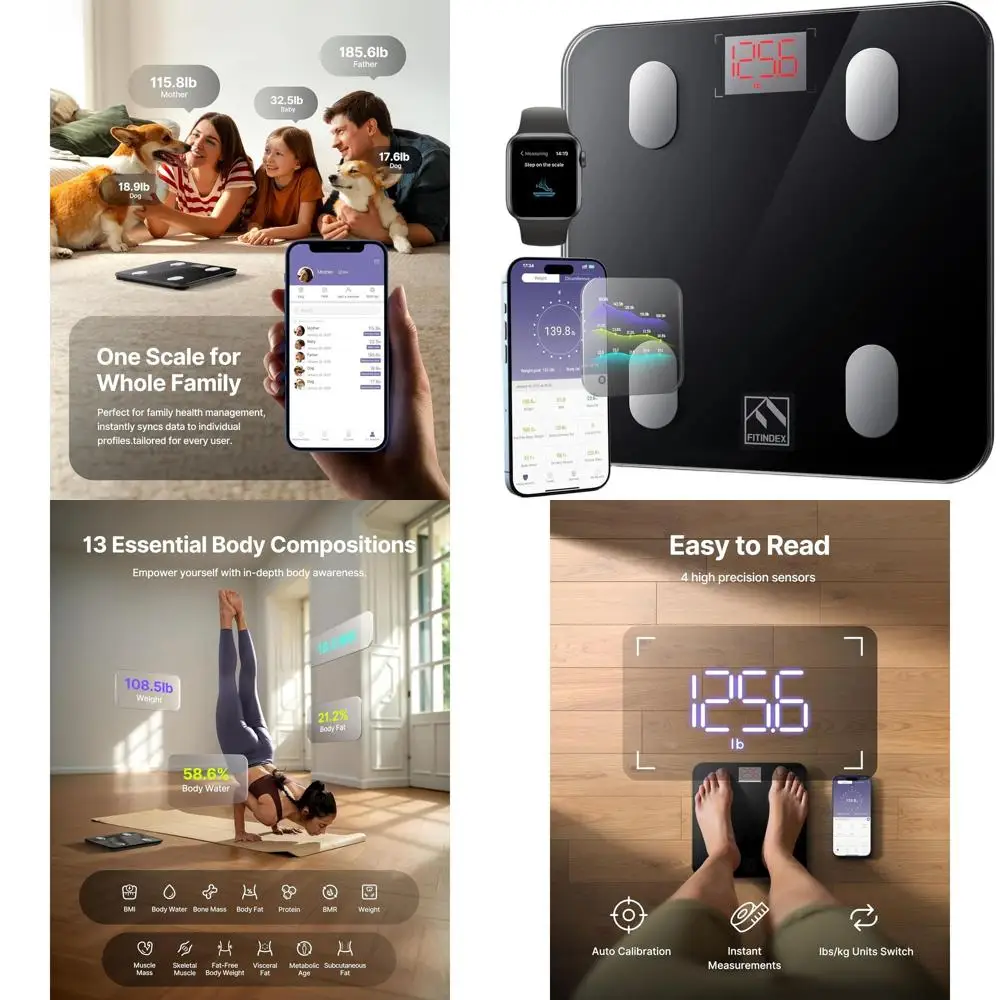 

Цифровые весы для ванной комнаты с измерением ИМТ, жировой массы, мышечной массы, подключением по Bluetooth и поддержкой приложения, грузоподъемность 400 фунтов, черные