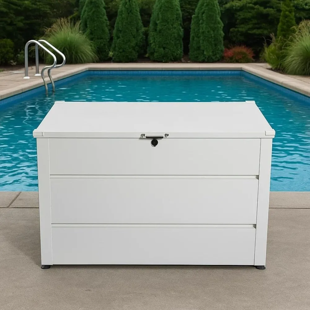 

Outdoor deck box 150 gallons, easy to assemble metal storage box, lockable waterproof weather resistant storage cabinet