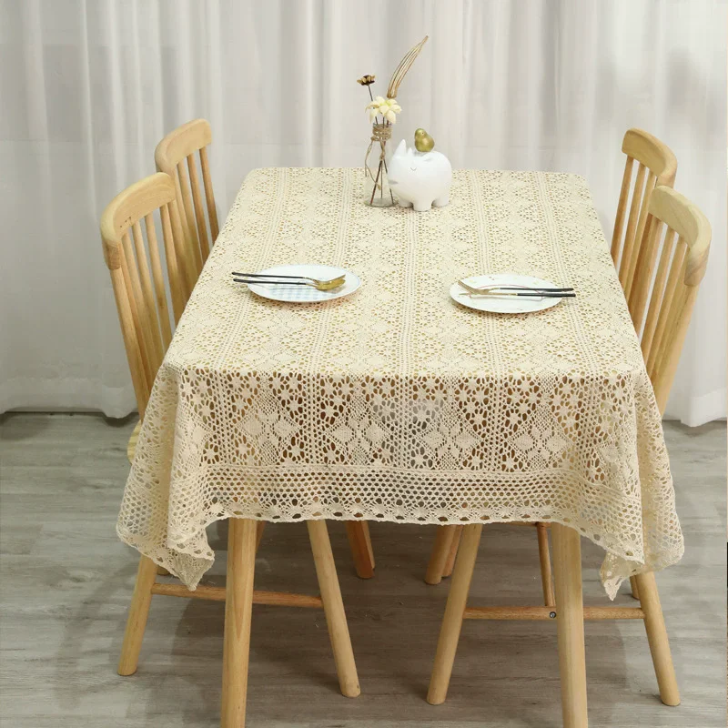 Retro Crochet Lace-Trimmed Cotton Linen Tablecloth for Coffee Table Decorative Fabric