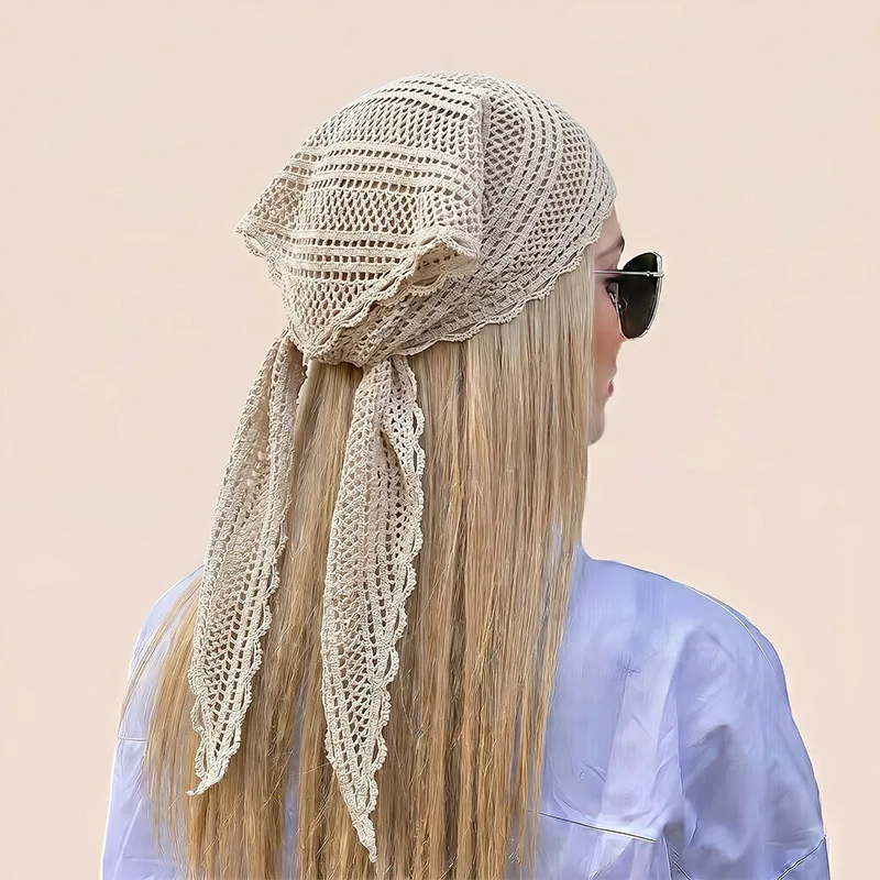 

2026 New Lace Scarf Fashion Knitted Triangle Headscarf For Women Summer Hollow Cover Hair Accessories Seaside Vacation Headband