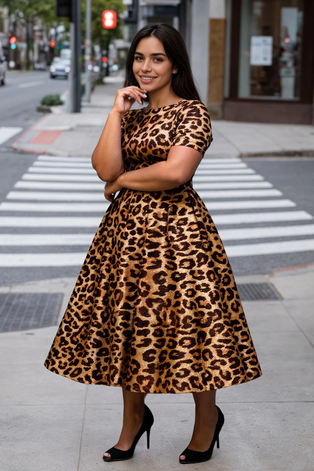 Mode Leopard Gedruckt Plus Größe Kleider Kurzarm Rundhals Vintage Afrikanische Casual Plissee A-Linie Sommer Streetwear Kleider