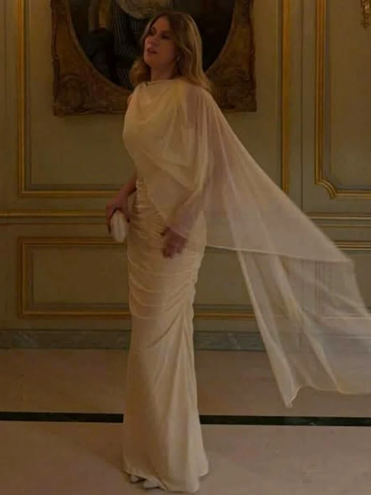 

Женское платье 2026: Элегантное вечернее макси-платье без рукавов с драпировкой и асимметричным подолом, с сетчатой накидкой, для вечеринок и выпускных балов