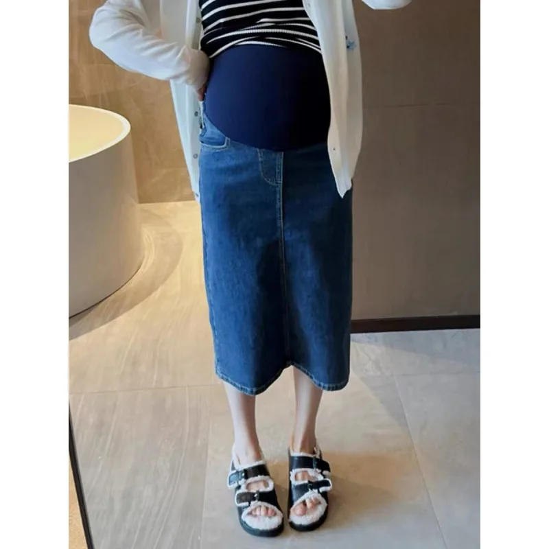 Rok Denim ibu hamil modis rok ibu hamil model A-Line wanita hamil belahan pinggang tinggi rok pensil kehamilan Panjang setumit antik