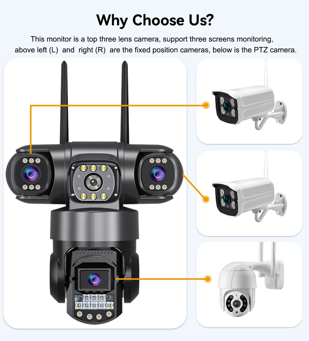 12MP 6K PTZ WiFi IP Camera Outdoor Three Lens&Screens Wireless CCTV Video Monitor Security Protection Support Color Night Vision