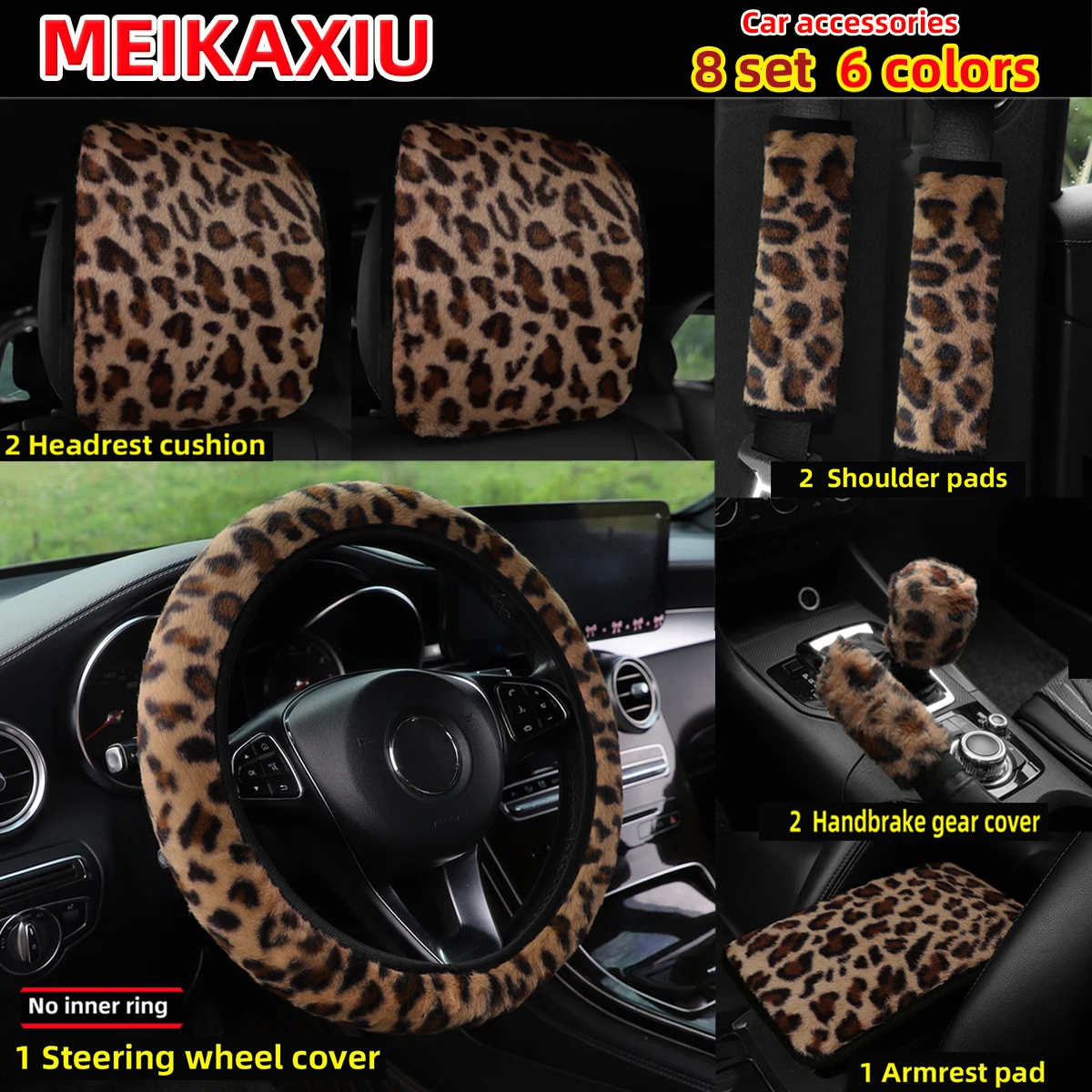 

Leopard Print Plush 8PCS Car Steering Wheel Cover Set Rimless Gear Shift Shoulder Guard Armrest Headrest Pad for Interior Decor