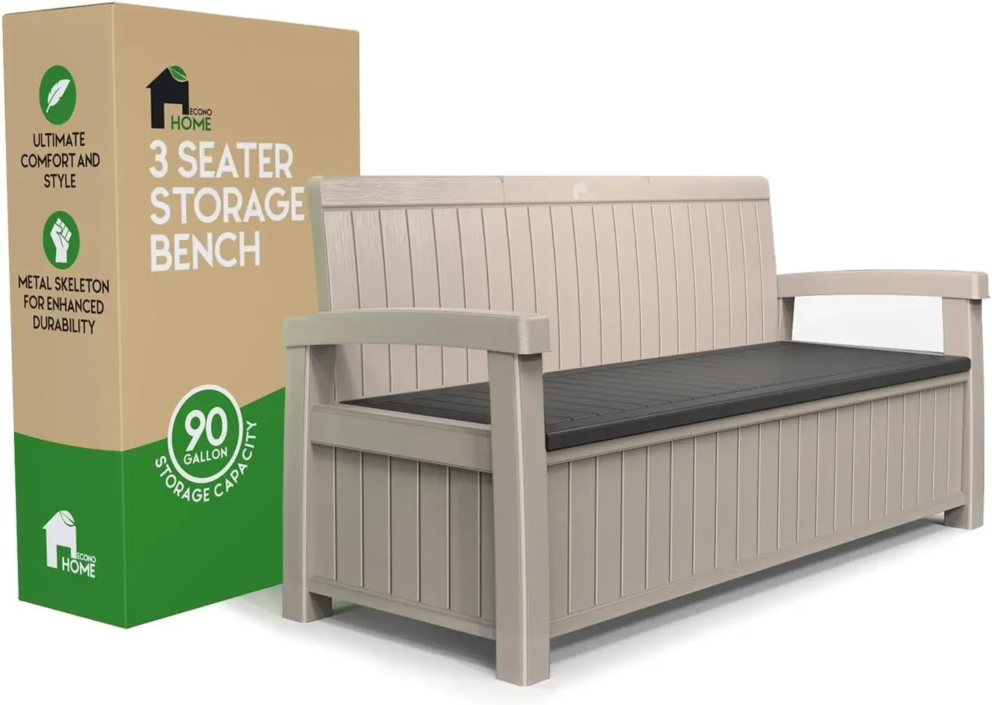 EconoHome 3 Seat Outdoor Storage Bench - 90 Gallon Capacity - Weatherproof Resin Bench for Patio, Porch, Garden, Yard,