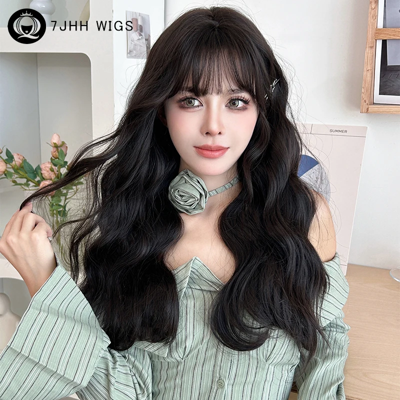 7JHH WIGS Costume Wig Synthetic Curly Wavy Dark Brown Wigs with Bangs High Density Layered Black Tea Hair Wigs Glueless Wig