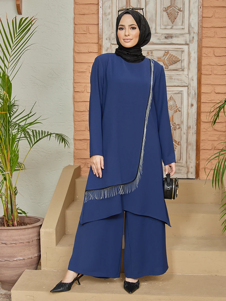 

Women Tunic Pants Suit Chain Detailed Quality Combination Islamic Muslim Fashion Elegant New Season Turkish Made Casual Fit