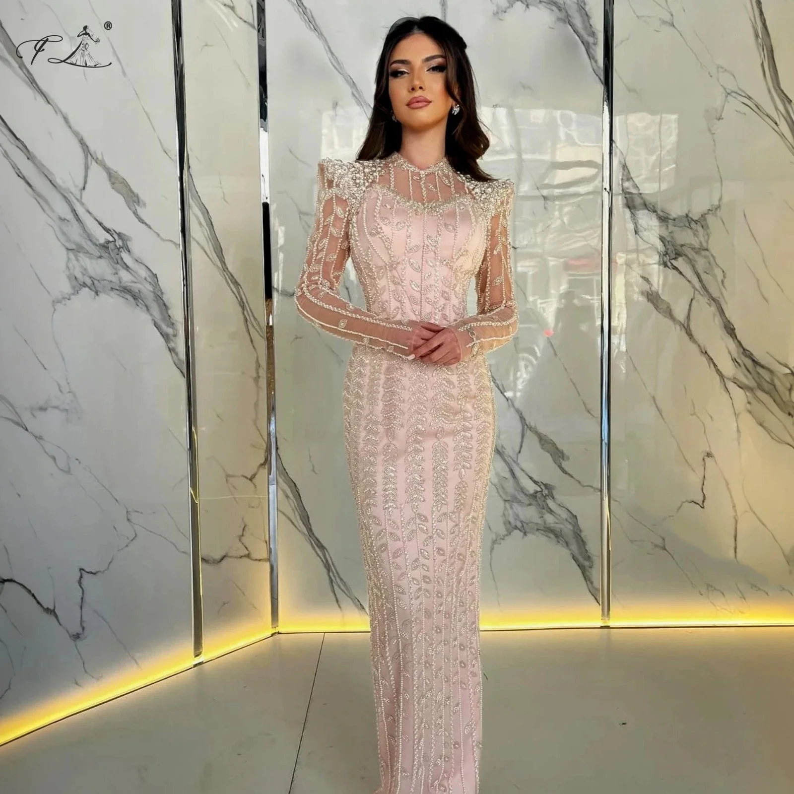 Zeemeermin avondjurk met parelkant lange mouwen lange baljurk Chinese stijl elegante dames lange jurk