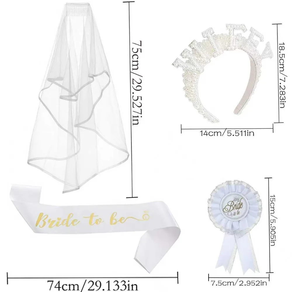 PESENAR Elegant Bride to be Wedding Accessory Collection Veil, Pearl Headband, Sash And Badge