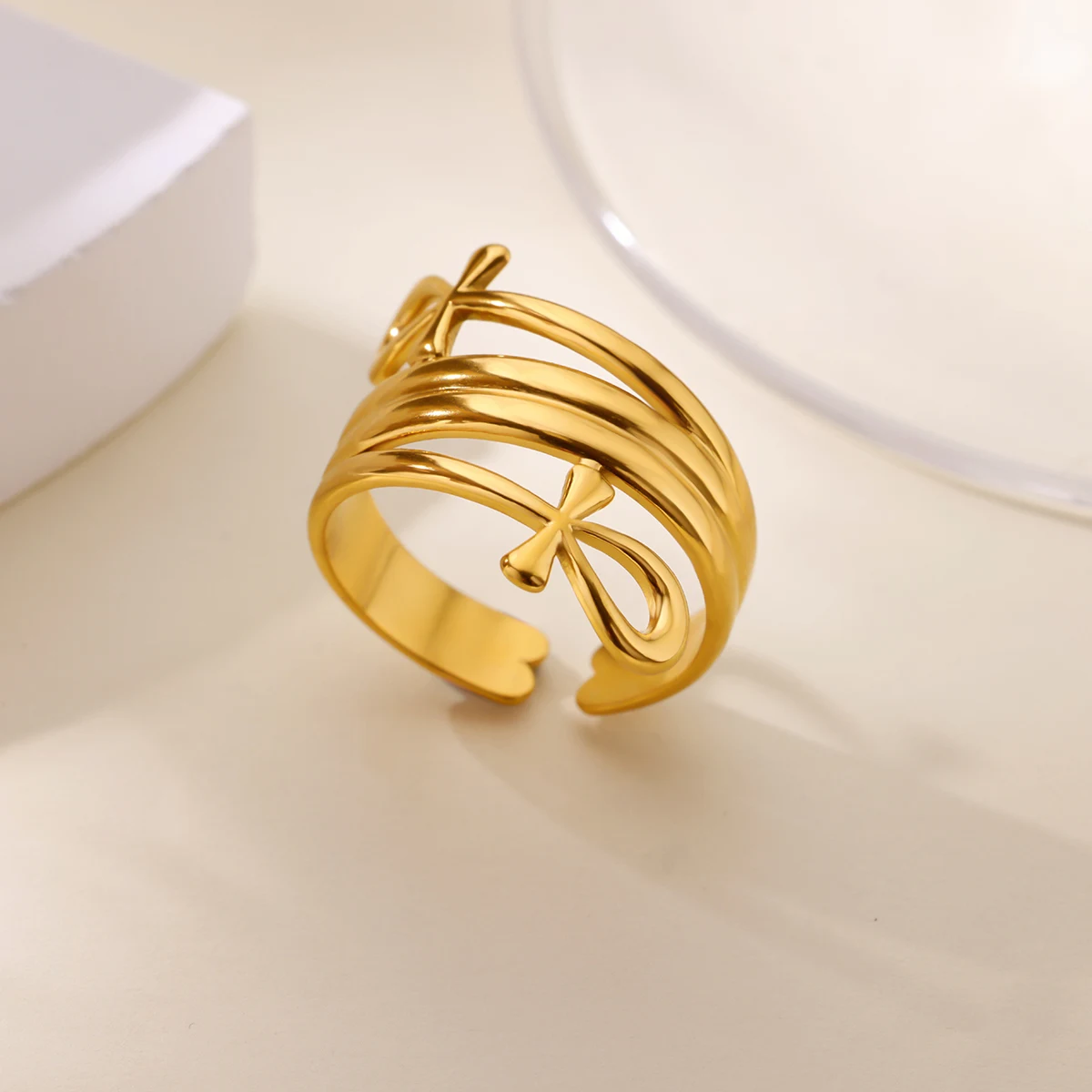 Ankh الصليب خواتم للنساء الذهب اللون قابل للتعديل الفولاذ المقاوم للصدأ خاتم خمر المصرية الدينية الصليب نمط مجوهرات فريشيب