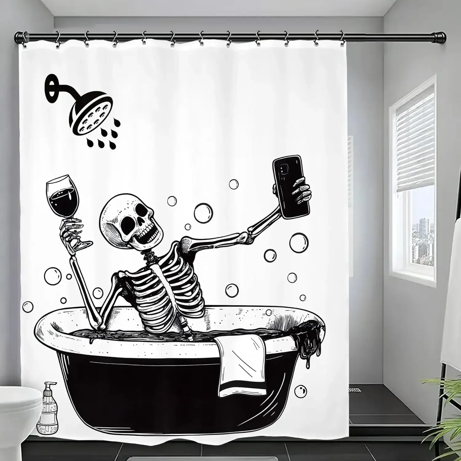 Funny Skeleton Skull Bathroom Shower Curtain Black White Hilarious Man Cool Polyester Fabric 12 Plastic Hooks Waterproof Decor