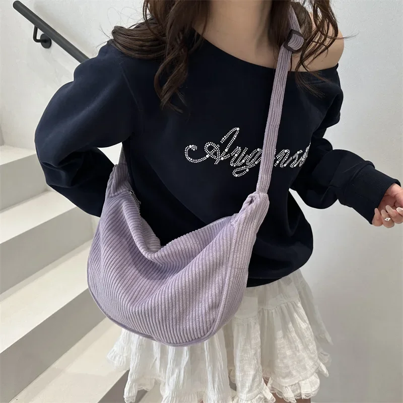 

Simple Solid Color Ladies Corduroy Hobos Crossbody Bag Fashion Female Travel Handbags Tote Casual Light Shoulder Bags for Women