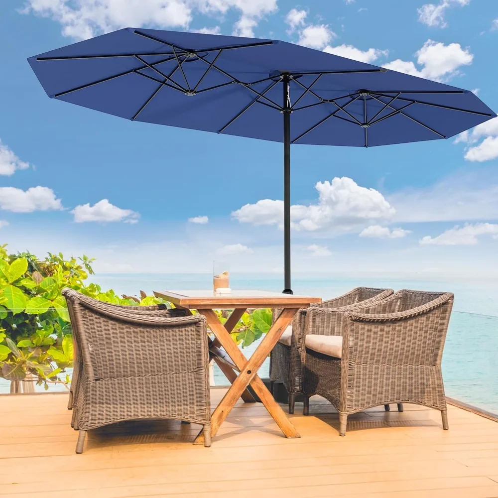 

15FT Large Patio Umbrella with Base Included, Double-Sided Rectangle Market Umbrella with Cross Base and Sandbag for Pool Lawn G