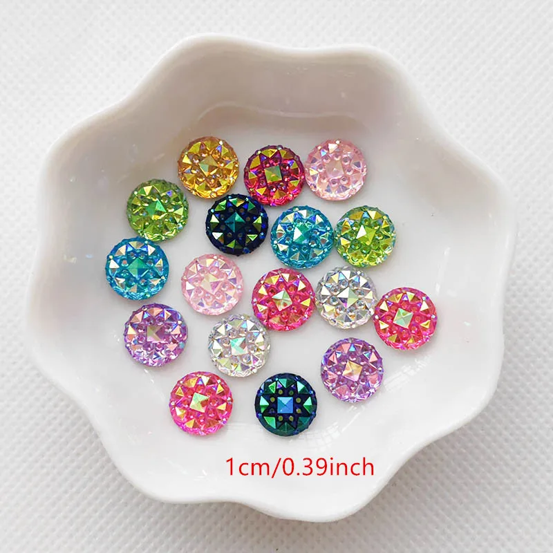 50pcs 0.39 inch flat bottomed resin AB color round rhinestones, used for handmade jewelry making and DIY cutting and pasting