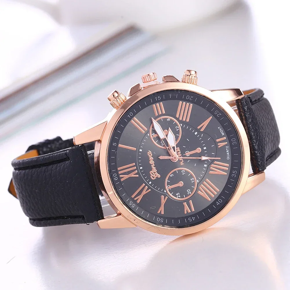 

Business Women's Watches Fashion Geneva Brand Roman Numeral Simple Clock Leather Quartz Wristwatch