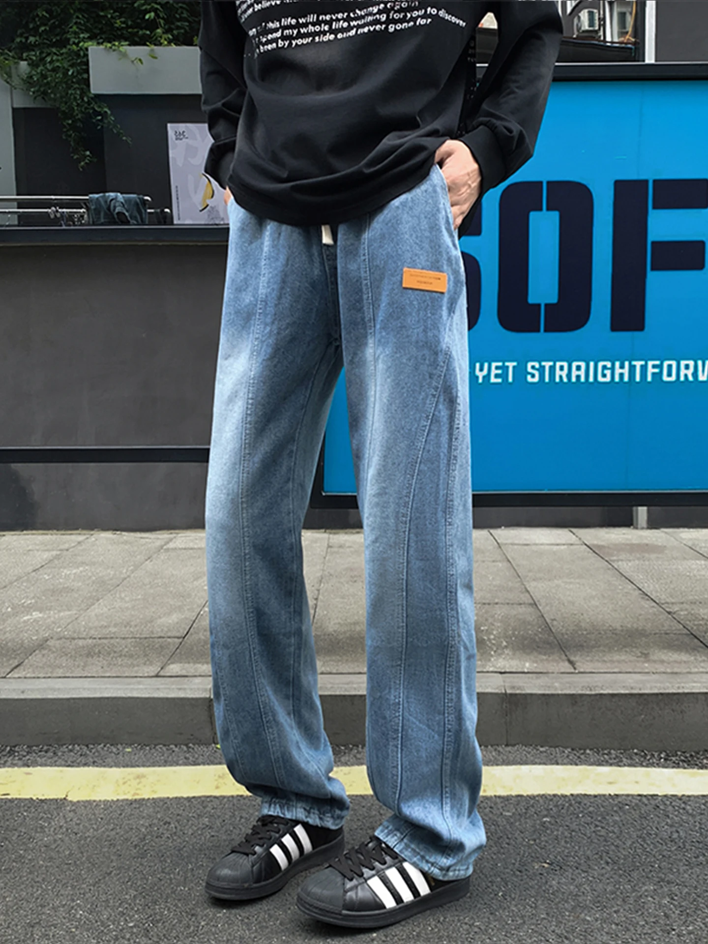 

Прямые джинсы с американской талией, мужские осенне-зимние тяжелые повседневные широкие брюки, модные деконструированные свободные брюки