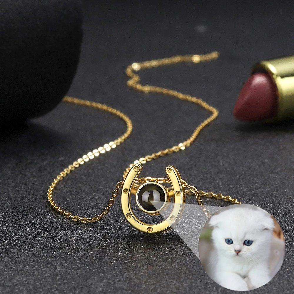S925 Sterling Silver Projection Necklace for Women Personalized Custom Photo Horseshoe Pendant Choker Necklace Memory Jewelry