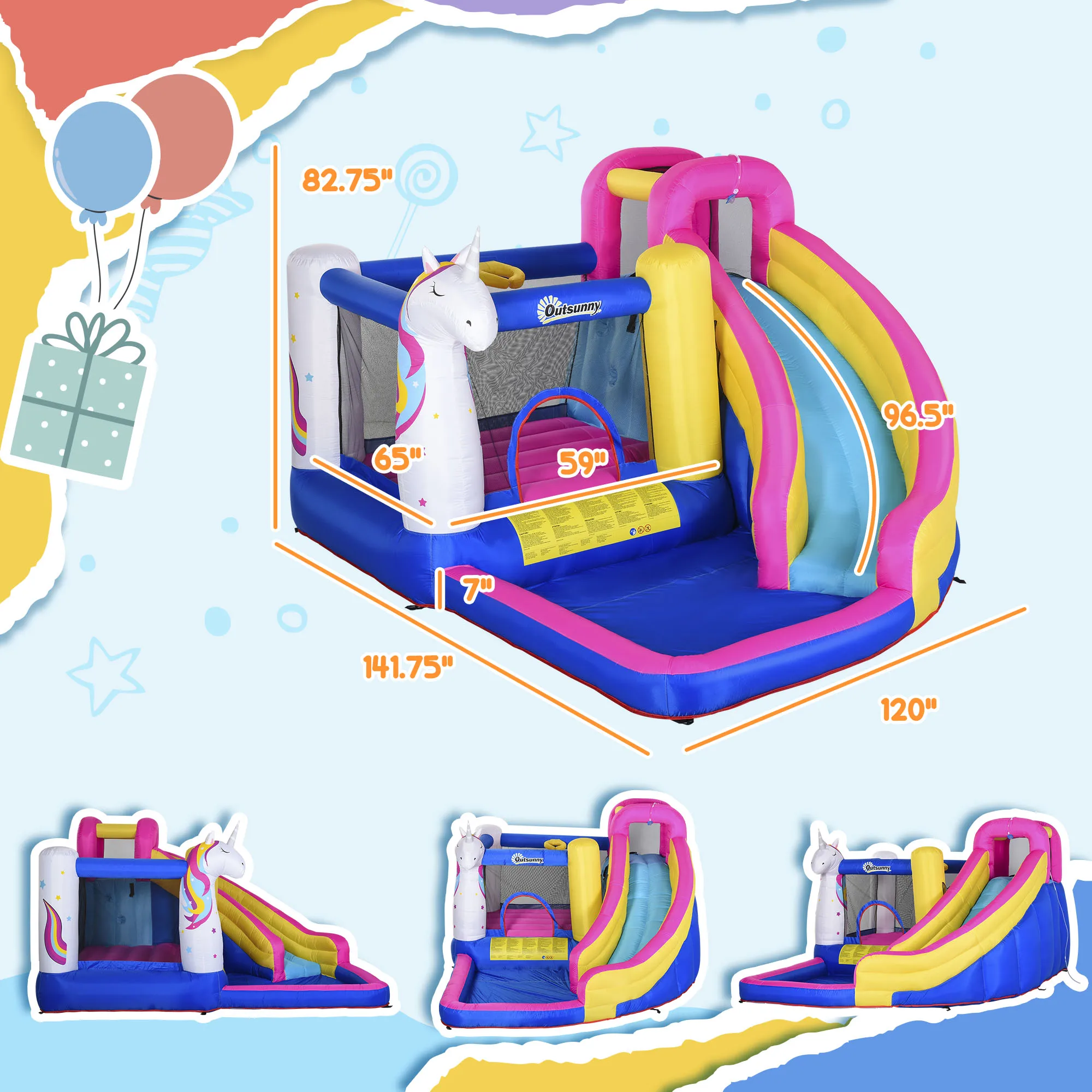 Casa inflable grande del rebote del unicornio 5 en 1, tobogán acuático inflable para los niños