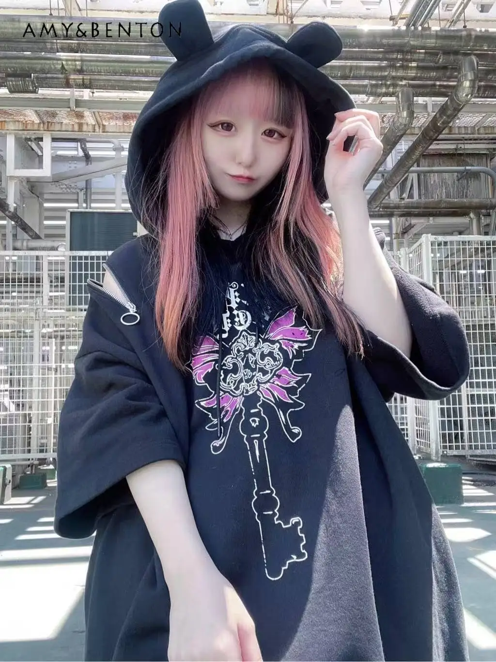 Japanese Harajuku Subculture Butterfly Print Bear Ears Hooded Sweater Zipper Off Shoulder Half Sleeve Mine Goth Oversized Hoodie