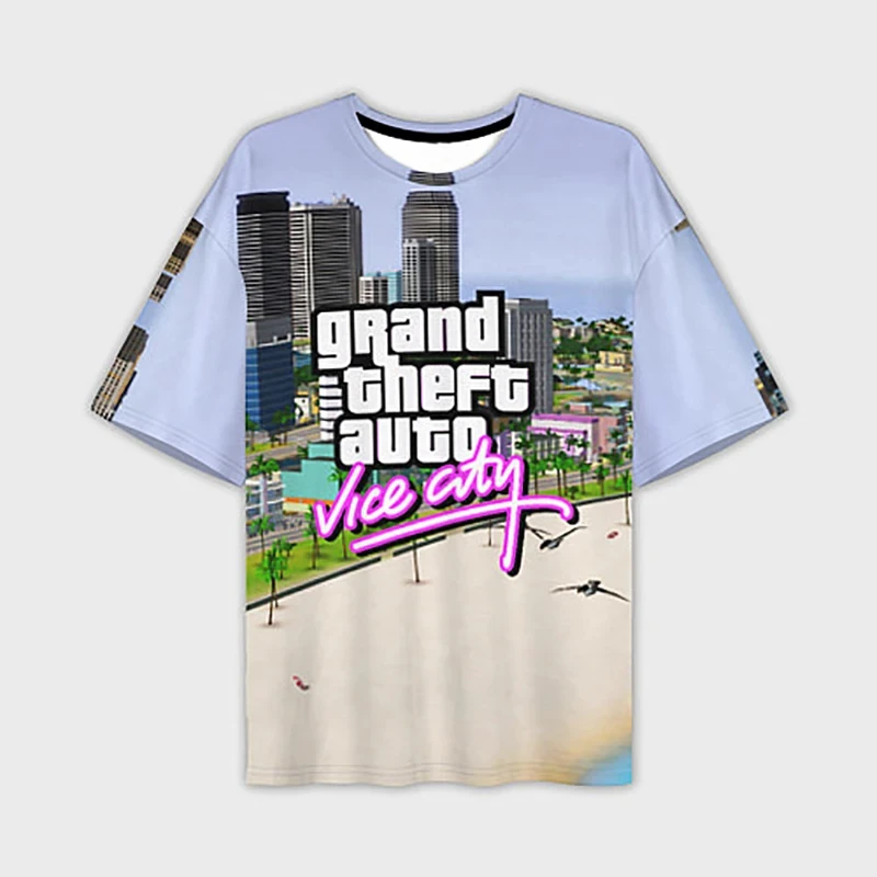 Grand Theft Auto VI masculino impresso em 3D camiseta de manga curta, moda de rua casual, camiseta de praia Harajuku extragrande, cidade do pecado