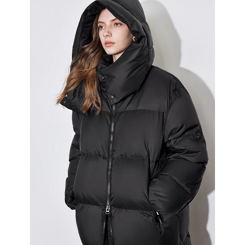 TOYOUTH Damen-Daunenjacke, 2024, Winter, neu, 90 % weiße Entendaunen, verdickt, warm, mittellang, mit Kapuze, Reißverschluss, langer Mantel