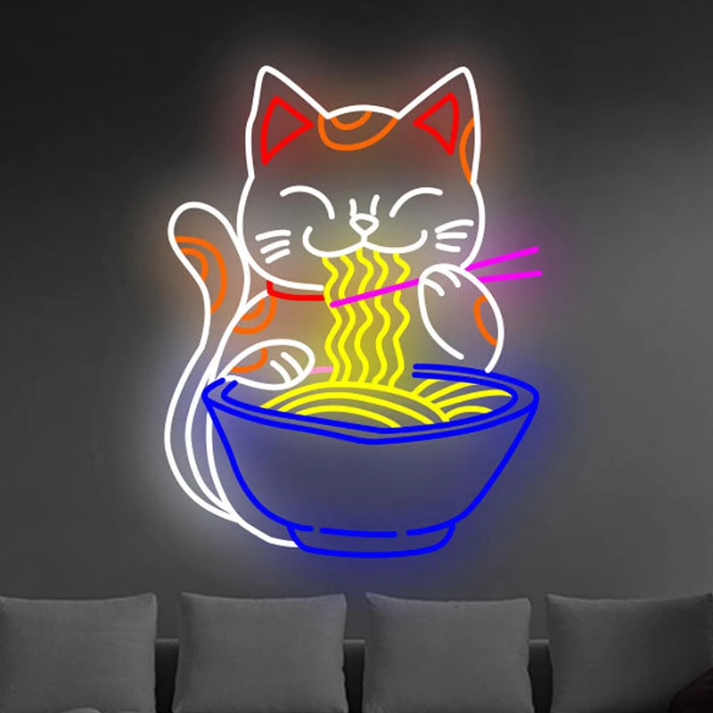 

Fortune Cat Ramen Neon Sign Ramen Japanese Noodles LED Neon Signs Handmade Custom Anime Neon Light Store Indoor Wall Art Decor