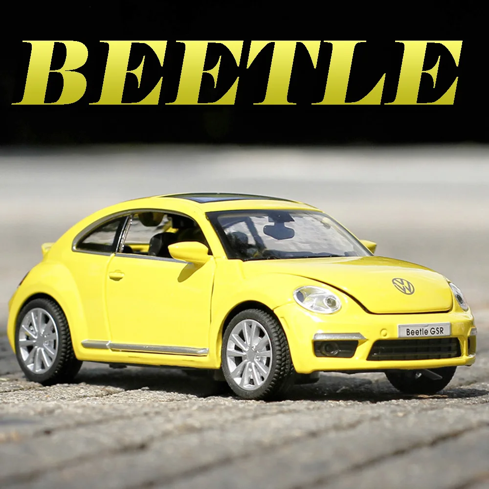 Scale 1:32 Beetle GSR Toy Mini Car Model Alloy Diecast Rubber Tires Sound Light Pull Back Doors Opened Children Interactive Toys