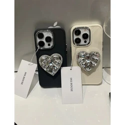3D Korea Love Heart Diamond Ring Holder Stand Phone Case for iphone 15 13 12 11 14 Pro Max XR X Metal Lens Protection Cover Capa