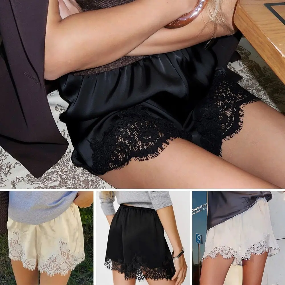 Vintage Satin Silk Lace Patchwork Shorts Lace Y2k Sleep Shorts Soft Elastic Waist Women Shorts Streetwear