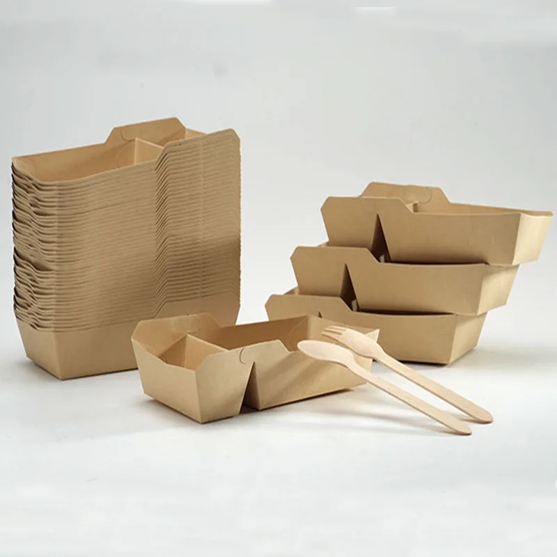 2-grids Natural Bamboo Pulp Paper Fries Trays Disposable Paper Trays With Dipping Sauce Box Chicken Nuggets Take-out Container