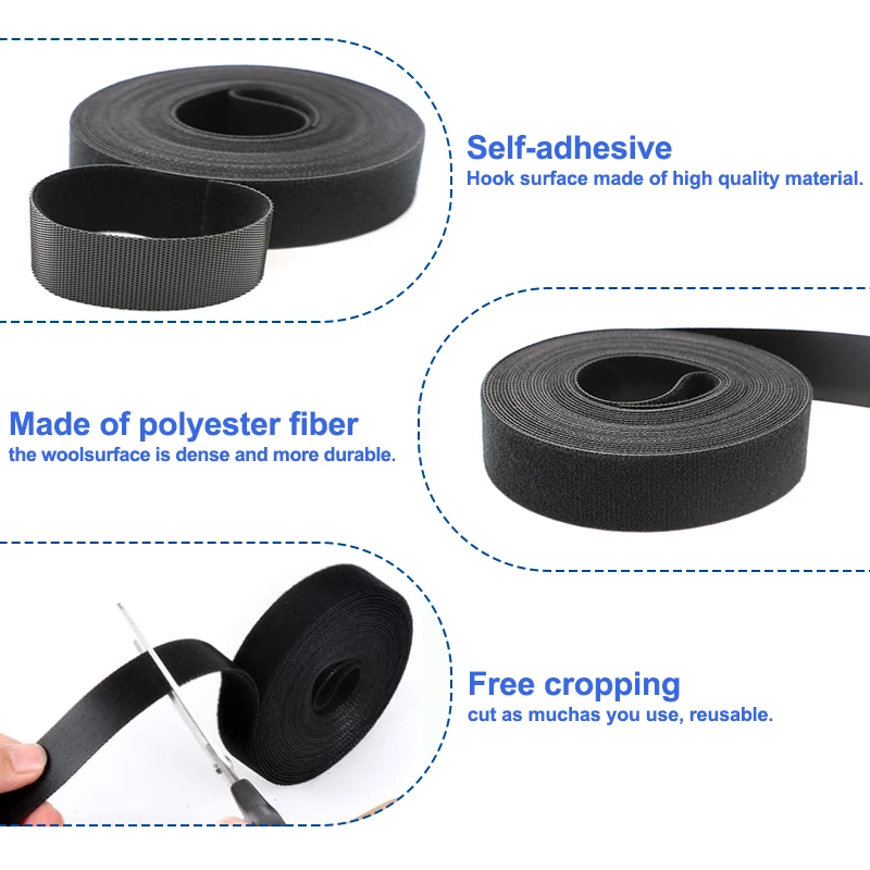 5m/Roll Black Reusable Self Adhesive Cable Ties Loop Bundle Nylon Strap Organizer Clip Wire Holder Management Fastening Tape DIY