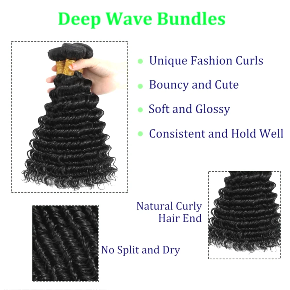 Mèches Deep Wave Brésiliennes 100% Naturelles Noires, Extensions de Cheveux Humains Non Traités, 26 28 30 Pouces, # 1B, pour Femme