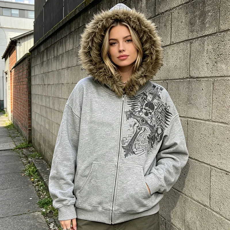 

Cool Trend Long Sleeved Hoodies Casual Harajuku Streetwear Gothic Skull Cross Printing Autumn American Loose Hip Hop Grunge Coat