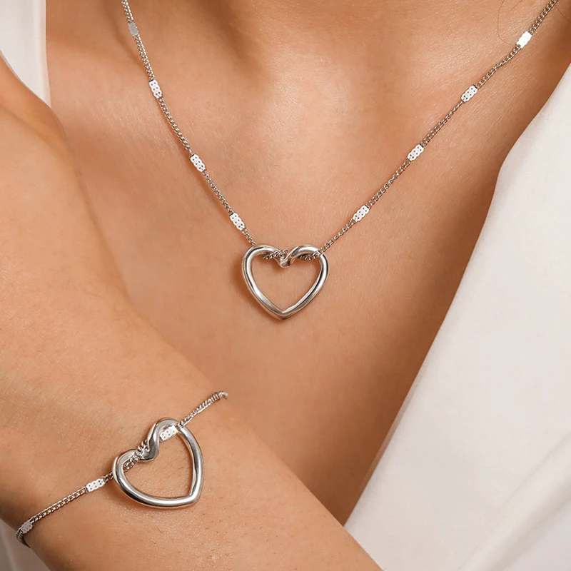 

Metal Stainless Steel Hollow Heart Jewelry Set for Women Men Luxury Bamboo Chain Bracelet Necklace Engagement Jewelry Gifts