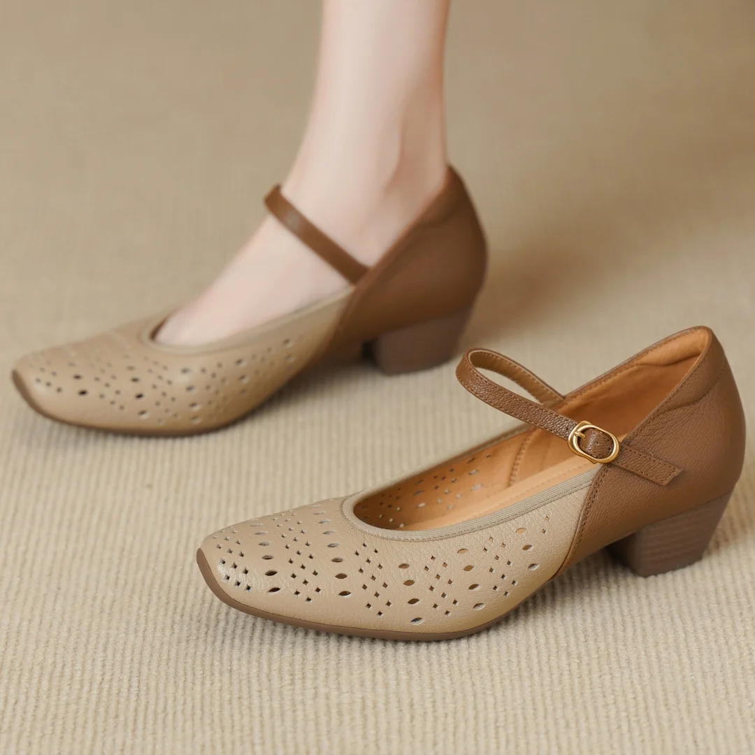 

danxuefei women's sheepskin mix color patchwork Mary Jane pumps square toe hollow-out summer breathable OL style 4cm heels shoes