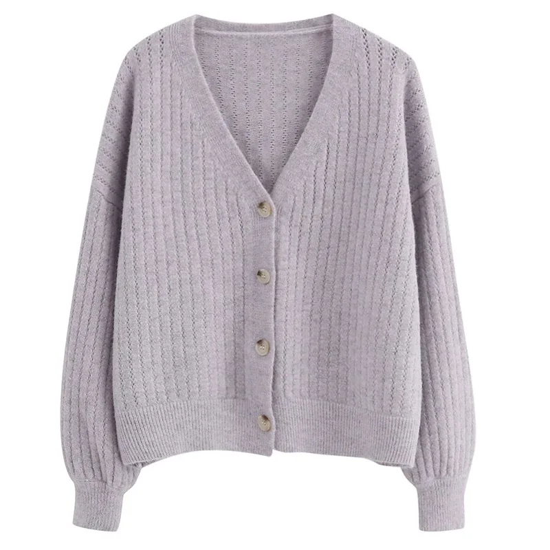 เสื้อคาร์ดิแกนถักลายริบ แขนยาว ติดกระดุม คอวี ทรงปกติ สำหรับผู้หญิง วัยรุ่น ใส่ได้ในฤดูใบไม้ร่วงและฤดูหนาว ชุดพื้นฐาน