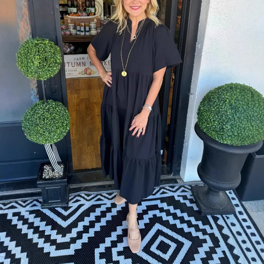 Nova moda feminina com decote em v em camadas bolso comprimento médio vestido feminino cor sólida manga curta solto vestido casual feminino