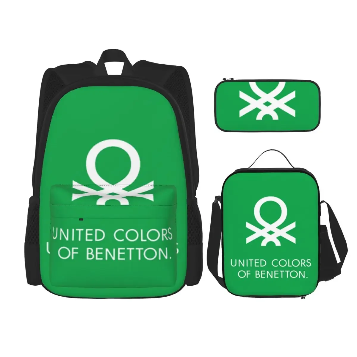 Cores unidas de benetton mochilas meninos meninas bookbag estudantes sacos de escola crianças mochila almoço saco caneta conjunto de três peças