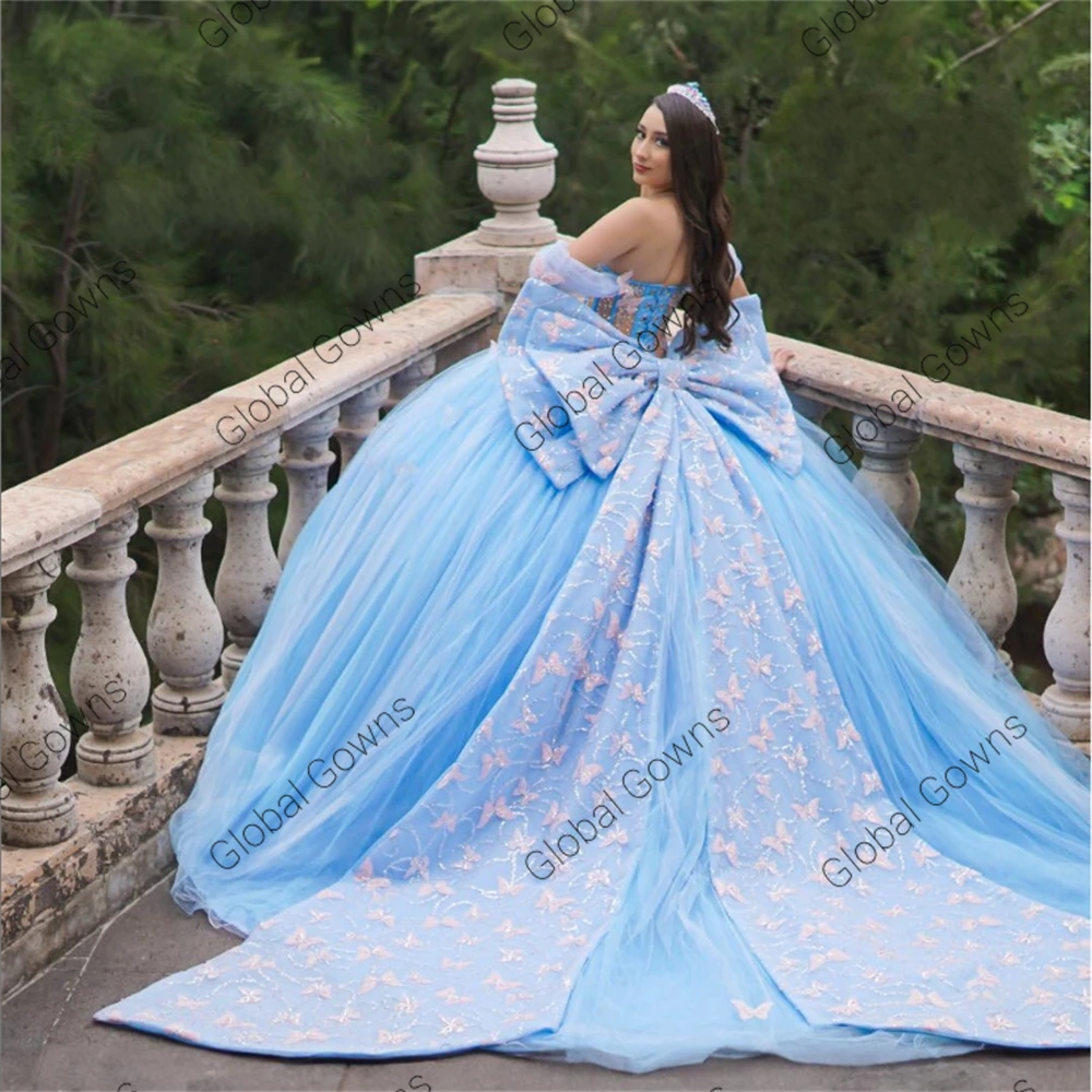 Princess Blue Quinceanera Dress 2024 Butterfly Appliques Bead Crystal Birthday Prom Sweet 16 Gown Vestidos De 15 Años Customized