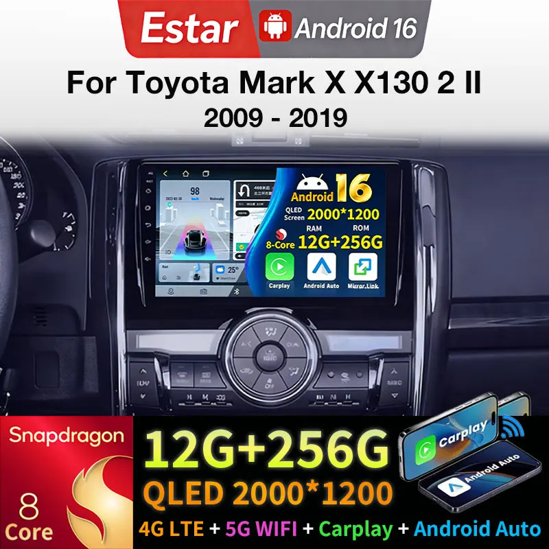 

Android 16 Car Radio For Toyota Mark X X130 2 II 2009 - 2019 Wireless Carplay BT DSP GPS Multimedia Player Navi Head Unit Stereo