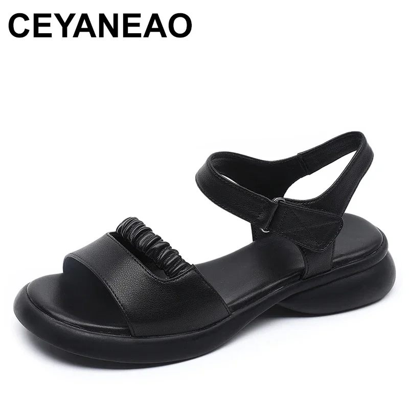 Summer Superior Cowhide Women Leather Sandals Flat Soft Sole Comfort Anti Slip Large Size Sandals Casual Shoes