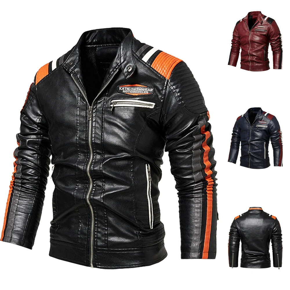 Male Motorcycle Bomber Leather Jacket Emboridery Patch Fleece Artificial PU Fashion Clothing Slim Casual Flight Out Wearing