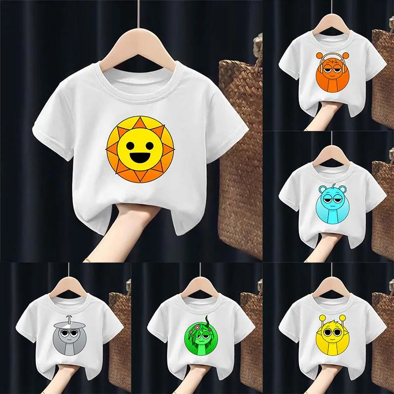Sprunki Children Short Sleeve T Shirts Incredibox Gaming Themed Cotton Tees Cartoon Summer Casual Crew Neck Tops Kids Clothing
