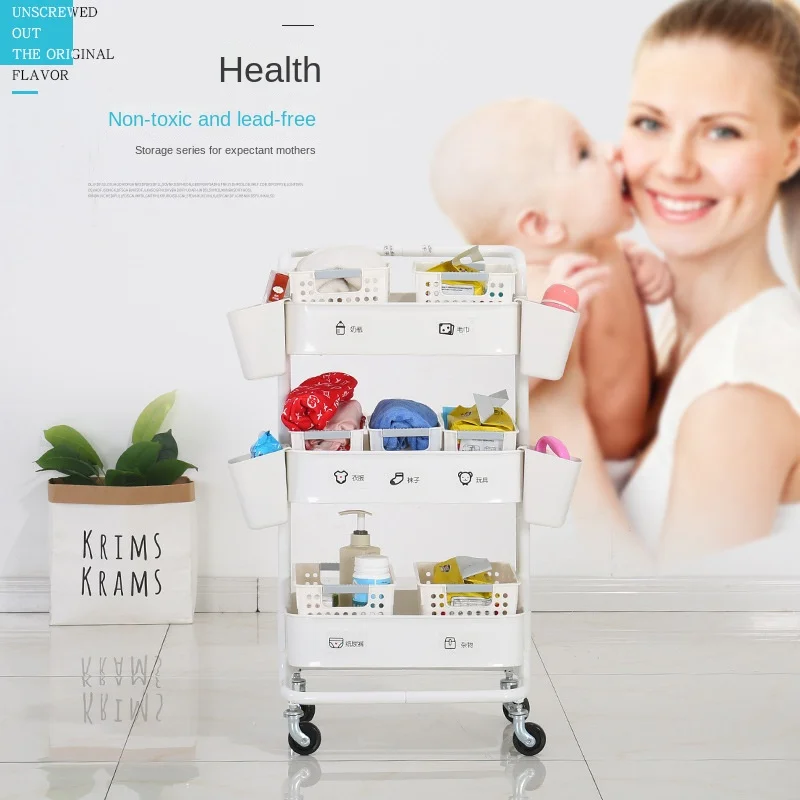 

Household Lasker storage rack suitable for baby storage handcart mobile wheeled storage rack trolley