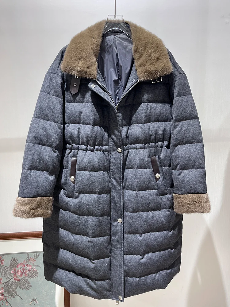 2025 여성 겨울 따뜻한 리얼 밍크 퍼 칼라 구스 다운 재킷 캐시미어 울 재킷 여성 아우터 코트 패딩 재킷