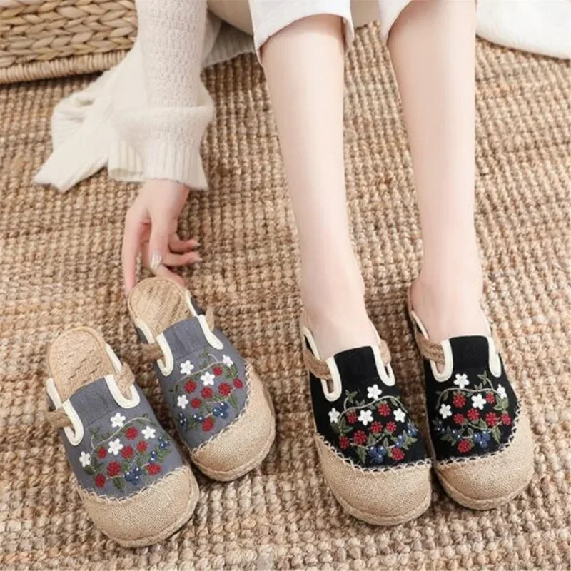 Women Casual Linen Embroidery Flat Slippers Retro Summer Ladies Canvas Comfortable Espadrille Shoes 2024