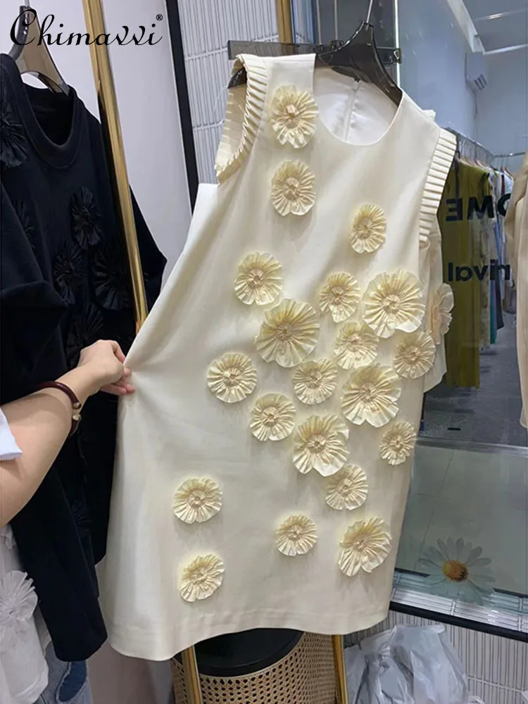 

Female Fashion Elegant Sleeveless 3D Flower Above Knee Dress Women 2022 Summer New Round Neck Simple Sweet Solid Color Dress